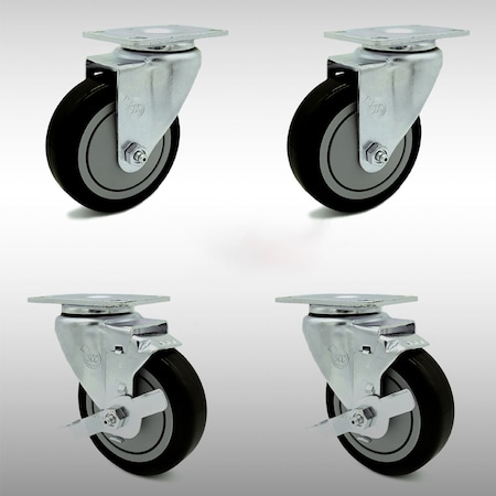 Service Caster 4 Inch SS Black Polyurethane Swivel Top Plate Caster Set with 2 Brakes SCC SCC-SS20S414-PPUB-BLK-2-TLB-2